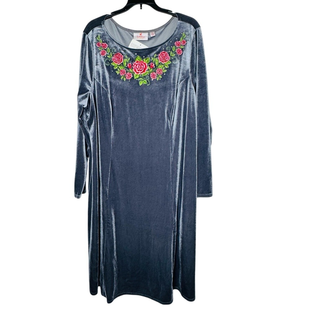 Quaker Factory Velvet Shift Dress 1X Embroidery Floral Rhinestone Stretch Church